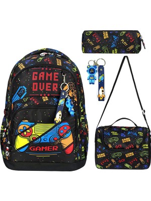 Denokids Game Erkek Çocuk Ilkokul 4'lü Çanta Seti - Sırt Çantası Beslenme Çantası Kalem Kutusu Anahtarlık