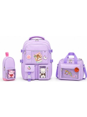 Quovo Kawaii Kore Tarzı Full Aksesuarlı Yerli Günlük Okul Çantası Kız Erkek Beslenme Kalemlik Çanta Seti