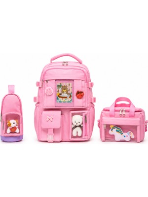 Quovo Kawaii Kore Tarzı Full Aksesuarlı Yerli Günlük Okul Çantası Kız Erkek Beslenme Kalemlik Çanta Seti