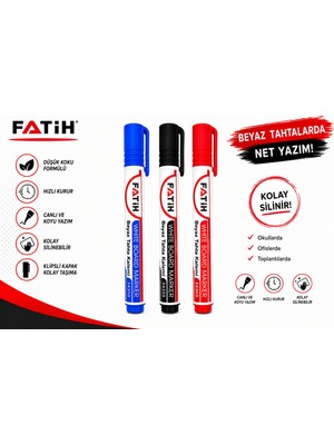 Danacı Kırtasiye Fatih Beyaz Tahta Kalemi 3'lü Set Mavi Siyah Kırmızı Whiteboard Marker Silinebilir