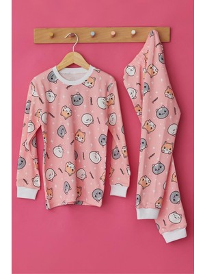 Bony Socks Kız Çocuk Sevimli Kedi Desenli Pijama Takımı Pembe