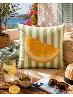 Orcadeco Limon Desenli Çizgili Dekoratif Kırlent Kılıfı 45X45 cm Yeşil Beyaz Yazlık Modern Yastık Kılıfı
