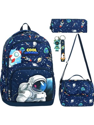 Denokids Astronot Erkek Çocuk Ilkokul 4'lü Çanta Seti - Sırt Çantası Beslenme Çantası Kalem Kutusu Anahtarlık