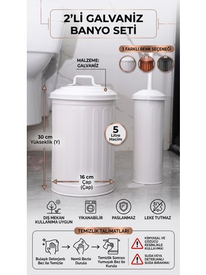 Rivo Home Decor Premium Paslanmaz Galvaniz 2'li Banyo Seti: 5 Lt Leke Tutmaz Çöp Kutusu ve Tuvalet Fırçası Takımı