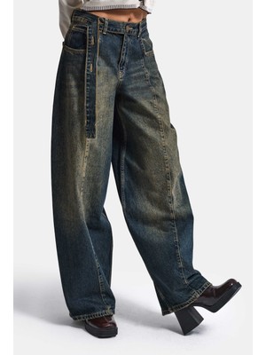 It's Basic Kadın Tint Kot Rengi 2W6-11 Baggy Kemerli Orta Bel Denim Jean