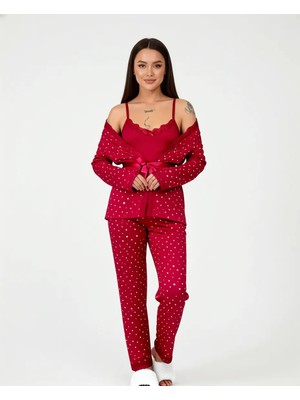 Pijama Evi Bordo Mini Yıldız Desenli Bambu Sabahlıklı Kadın Pijama Takımı
