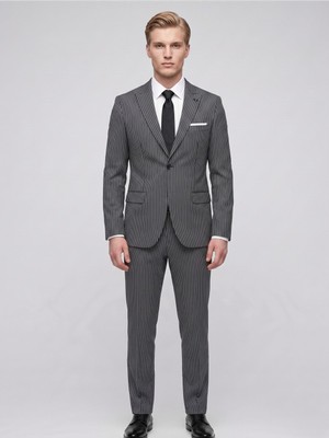 Plus Scorpion Erkek Çizgili Takım Elbise – Slim Fit Modern Kesim Şık Klasik Ceket Pantolon Takım
