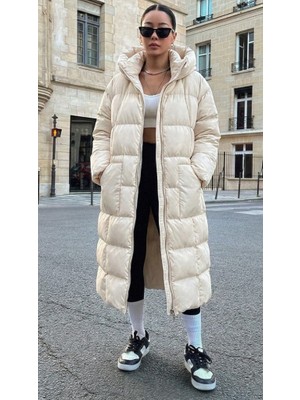 Comstar Kadın Gri Kapüşonlu Uzun Oversize Şişme Mont