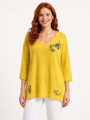 Neden Tekstil Sarı Kadın Desenli Oversize Triko Bluz