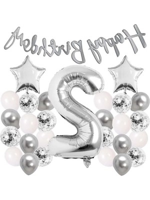 Frefly Store Beyaz Renkli Doğum Günü Kutlama Seti, Konfetili Balon ve Banner ile 2 Yaş