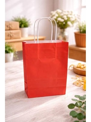 Frefly Store Kırmızı Kraft Kağıt Çanta, 18X24X8 Cm, 25 Adet, Hediyelik Poşet