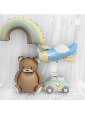 Frefly Store Retro Folyo Balon 4 Lü Set; Uçak, Araba, Gökkuşağı ve Ayıcık