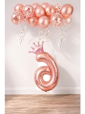 Frefly Store Rose Gold Renkli 6 Rakam Folyo Balon ve Konfetili Balon Seti