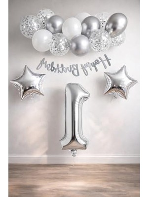Frefly Store Beyaz Gümüş Konsept Doğum Günü Kutlama Seti, 1 Yaş Için Balon ve Banner