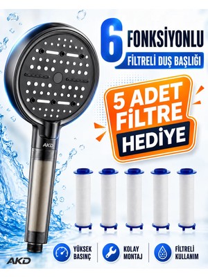 AKD 6 Fonksiyonlu Filtreli Duş Başlığı – Yüksek Basınçlı Antrasit El Duşu, 5 Yedek Filtre Hediyeli
