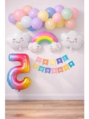 Frefly Store Gökkuşağı Bulut Temalı 5 Yaş Doğum Günü Parti Seti