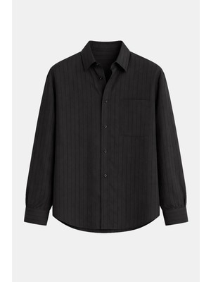 Vamos Modal Kumaş Çizgili Oversize Gömlek Siyah