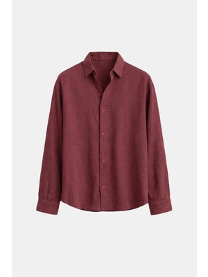 Vamos Basic Keten Oversize Gömlek Bordo