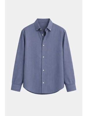 Vamos Çizgili Müslin Kumaş Oversize Gömlek İndigo
