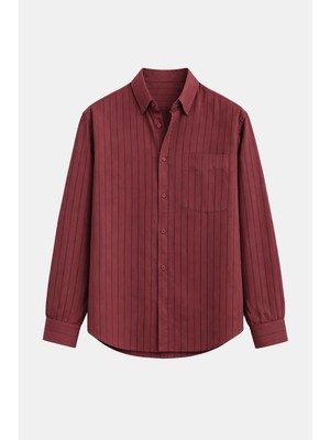 Vamos Modal Kumaş Çizgili Oversize Gömlek Bordo