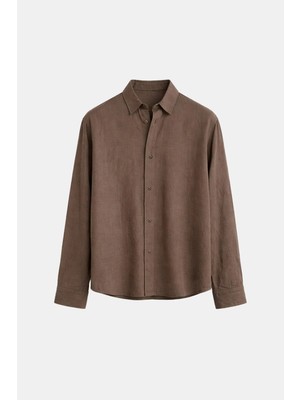 Vamos Basic Keten Oversize Gömlek Kahve