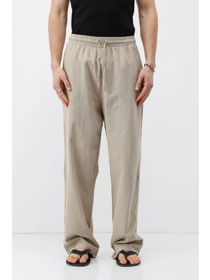 Vamos Bel Lastikli Baggy Fit Keten Pantolon Bej