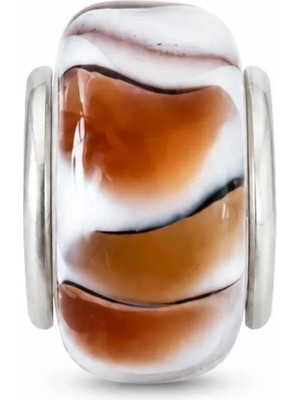 Poseidons Jewellery Tasarım Terra Akış Serisi El Yapımı Murano Cam Charm – Kahve & Beyaz Desenli Cam Boncuk