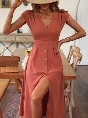 Çamaşır Kenti Kadın Kısa Kollu V Yakalı Önden Düğmeli Midi Dokuma Viskon Elbise