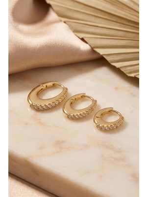 Havor Gold Renk Oval Halka Model Zirkon Taşlı 3 Lü Küpe Set