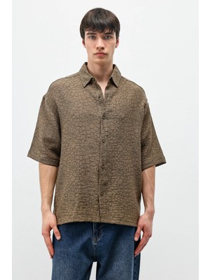 Vamos Oversize Desenli Kısa Kollu Gömlek Haki