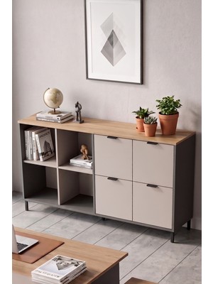 Robin Home Nexus 147X35 cm Ofis Dolabı Klasör Dolabı Konsol Çok Amaçlı Dolap Metal Ayaklı Sepet-Kumsal-Antrasit