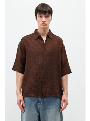 Vamos Oversize Desenli Kısa Kollu Gömlek Kahve