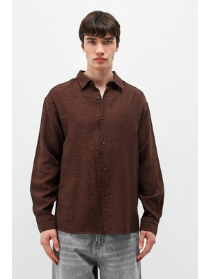 Vamos Oversize Desenli Keten Gömlek Kahve