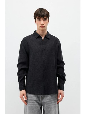 Vamos Oversize Desenli Keten Gömlek Siyah