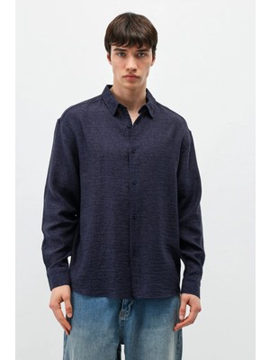 Vamos Oversize Desenli Keten Gömlek Lacivert