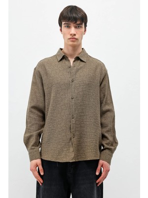 Vamos Oversize Desenli Keten Gömlek Haki
