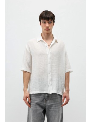Vamos Oversize Desenli Kısa Kollu Gömlek Ekru