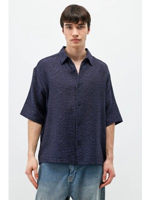 Vamos Oversize Desenli Kısa Kollu Gömlek Lacivert