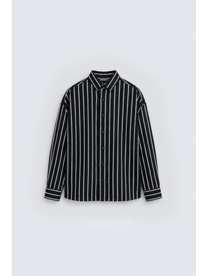 Vamos Çizgili Oversize Gömlek Siyah