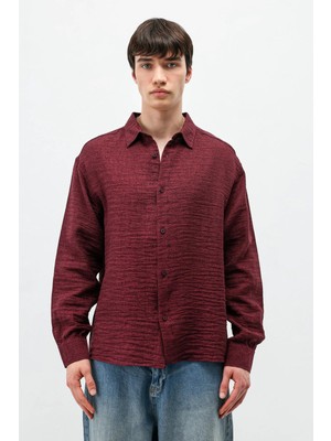 Vamos Oversize Desenli Keten Gömlek Bordo