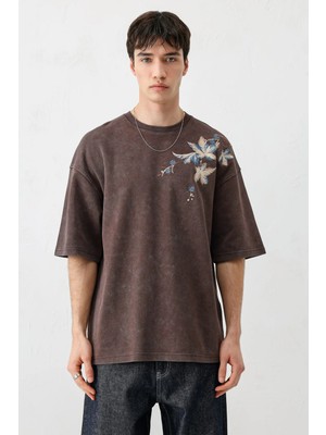 Vamos Oversize Baskılı Tişört Kahve
