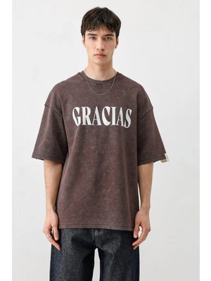 Vamos Oversize Baskılı Tişört Kahve