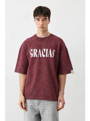 Vamos Oversize Baskılı Tişört Bordo