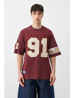 Vamos Oversize Baskılı Tişört Bordo
