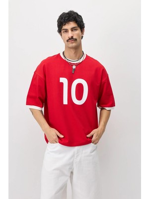 Vamos Oversize Baskılı Tişört Kırmızı