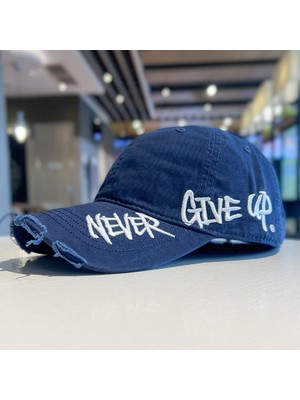 Valkyrie Unisex Lacivert Never Give Up Nakışlı Baseball Şapka Ayarlanabilir Vintage Streetwear Spor Kep