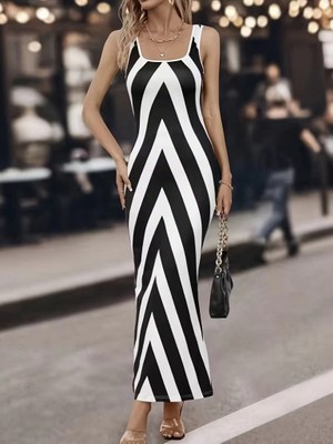 Defy Moda Kadın Askılı Yuvarlak Yakalı Geometrik Desenli Uzun Dalgıç Elbise