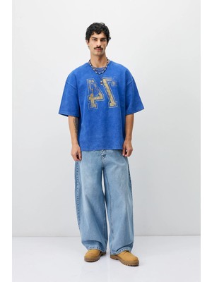 Vamos Yıkamalı Baskılı Oversize Tişört Saks