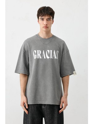 Vamos Oversize Baskılı Tişört Füme