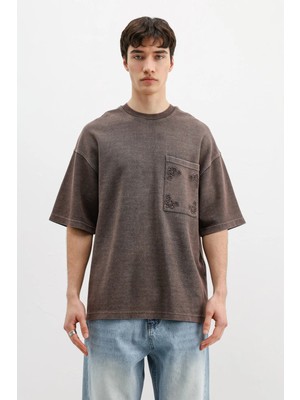 Vamos Oversize Baskılı Tişört Kahve